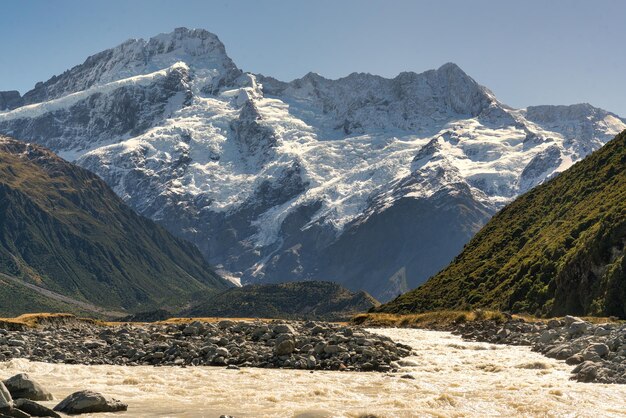 La rivière Tasman coule rapidement à travers la vallée de Tasman dans le parc national du mont Cook d'Aoraki sous la neige