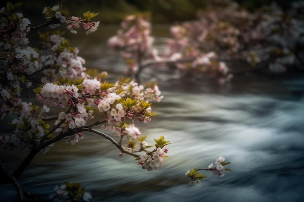 Une rivière traverse un cerisier en fleurs