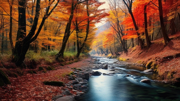 une rivière traverse une forêt avec des arbres colorés en automne.