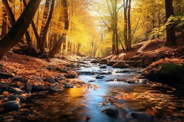 Photo une rivière traverse une forêt en automne.