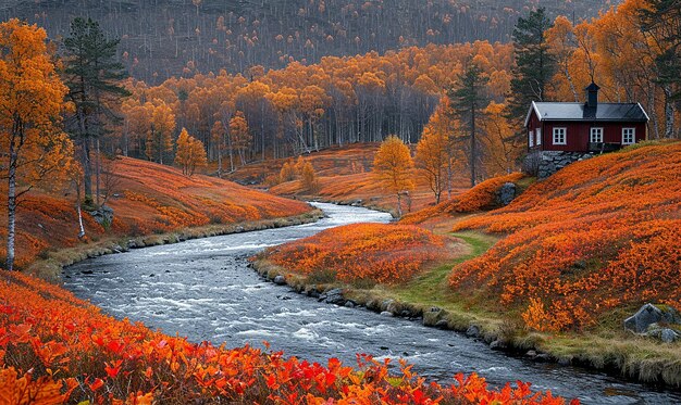 Une rivière traverse une forêt avec une maison sur le côté.