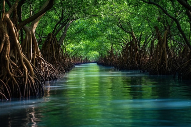 une rivière traverse une forêt de mangrove.