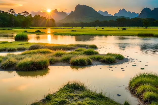 Une rivière traverse un marais au coucher du soleil