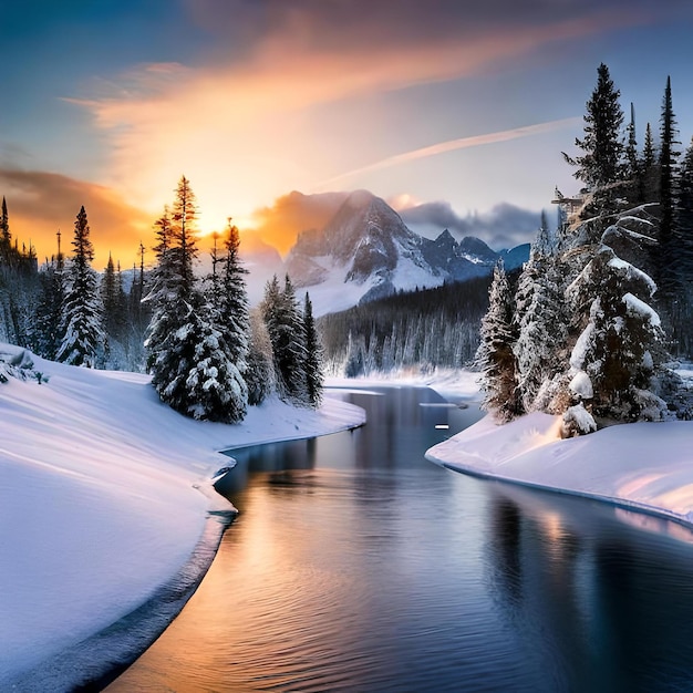 Une rivière traverse un paysage enneigé avec une montagne en arrière-plan.