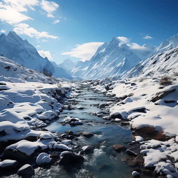 une rivière traverse un paysage de montagne enneigé