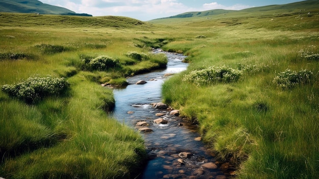 Une rivière traverse un terrain herbeux avec des montagnes en arrière-plan.