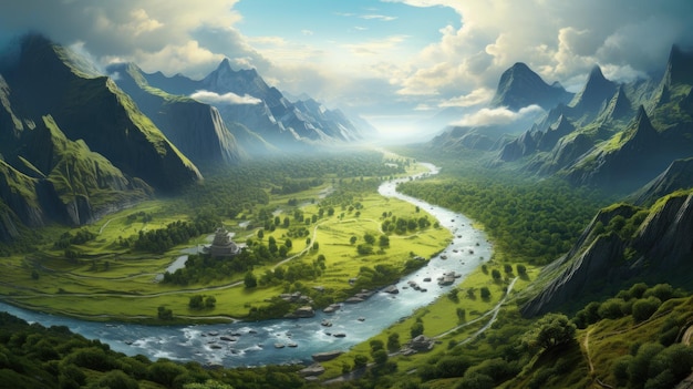 une rivière traverse une vallée avec des montagnes en arrière-plan.