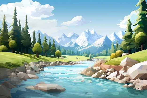 Une rivière traverse une vallée avec des montagnes en arrière-plan.