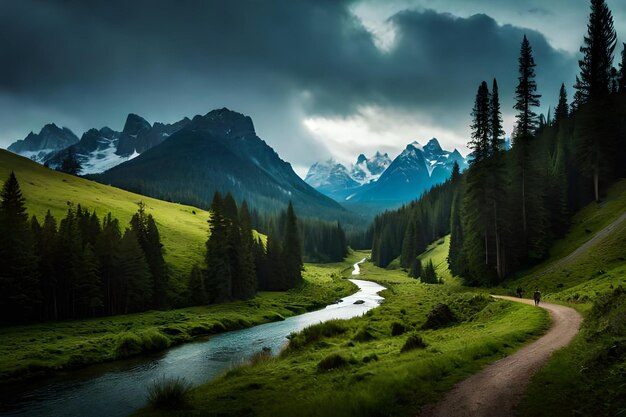 Une rivière traverse une vallée avec des montagnes en arrière-plan.