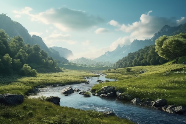 Une rivière traverse une vallée verdoyante avec des montagnes en arrière-plan.