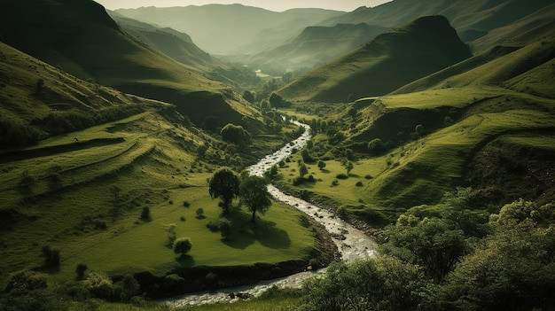 Une rivière traverse une vallée verdoyante avec des montagnes en arrière-plan.