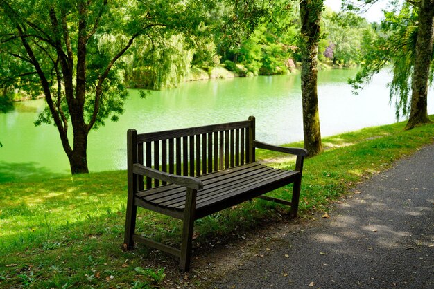 Rivière verte avec banc en bois classique dans la voie France