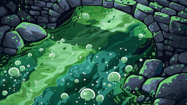 Photo rivière verte coulant entre les rochers illustration de dessin animé d'un paysage sombre avec des bulles empoisonnées sur la surface de l'eau du lac pont en pierre pollution environnementale arrière-plan pour les jeux vidéo