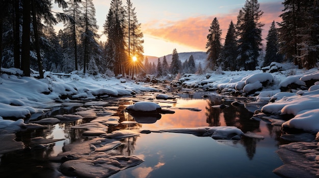une rivière vierge ou un ruisseau serpente à travers un paysage recouvert de neige la surface miroir de l'eau reflète parfaitement les arbres majestueux debout sentinelle sur ses rives