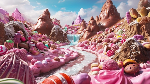 Photo des rivières de chocolat enchanteresses dévalent une montagne de sommets de bonbons, un paysage onirique ai generative