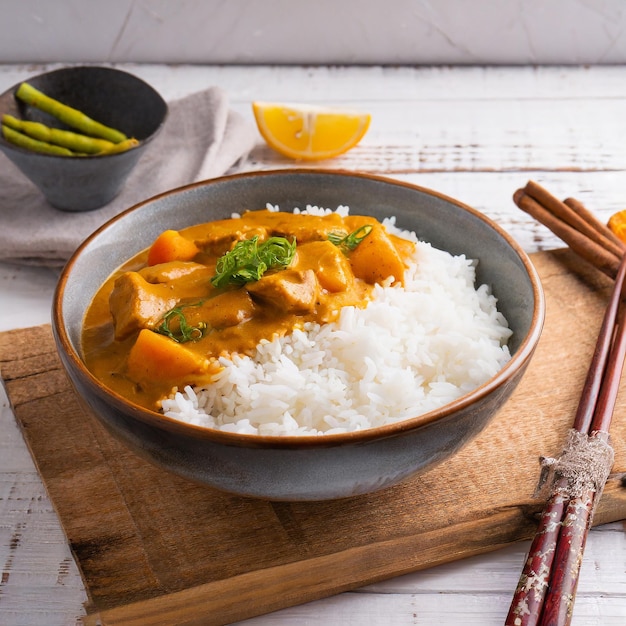 Photo riz au curry japonais kare avec de la viande, des carottes, des pommes de terre et du piment mélangé à la salade en gros sur une assiette en bois et des baguettes