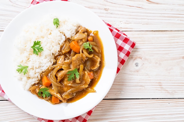 Riz au curry japonais avec tranches de porc, carottes et oignons - style asiatique