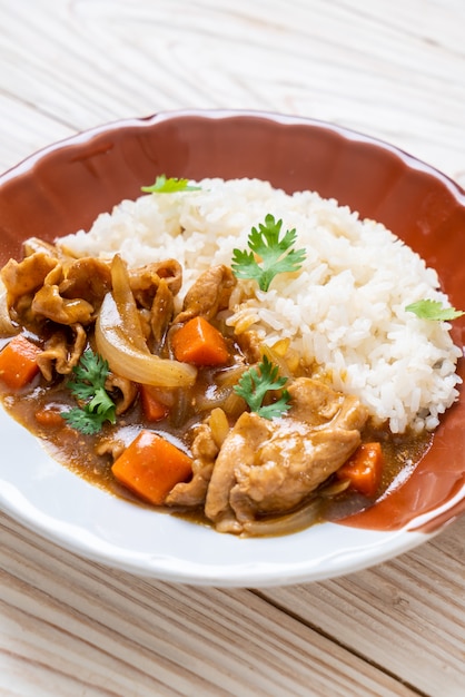 Riz au curry japonais avec tranches de porc, carottes et oignons