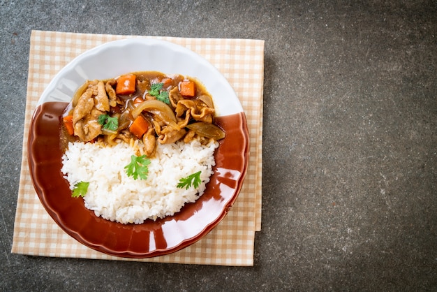 Riz au curry japonais avec tranches de porc, carottes et oignons