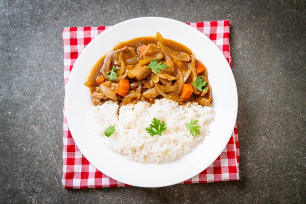 Riz au curry japonais avec tranches de porc, carottes et oignons