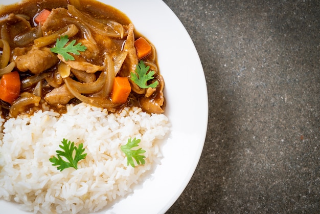 Riz au curry japonais avec tranches de porc, carottes et oignons