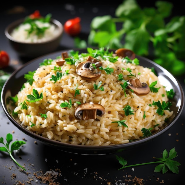 Riz aux champignons avec persil sur une surface noire