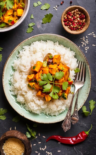 Riz Basmati avec curry à partir de légumes et de lentilles Nourriture végétalienne épicée et saine