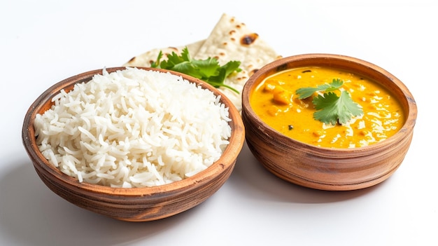 Riz Basmati avec du curry dal sur fond blanc Génératif Ai