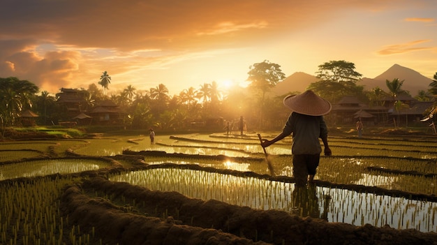 Le riz biologique récolté au coucher du soleil La beauté de Bali