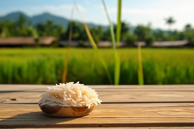 Photo riz blanc sur bois avec le fond d'un champ de riz