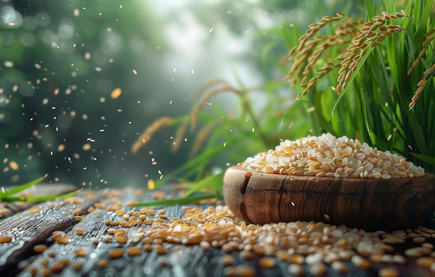 Riz blanc cru dans un bol en bois et une plante de riz