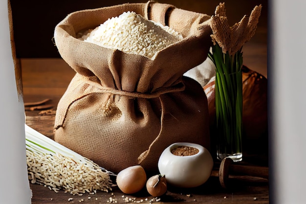 Riz blanc cru dans un sac de toile de jute avec des ingrédients pour le risotto