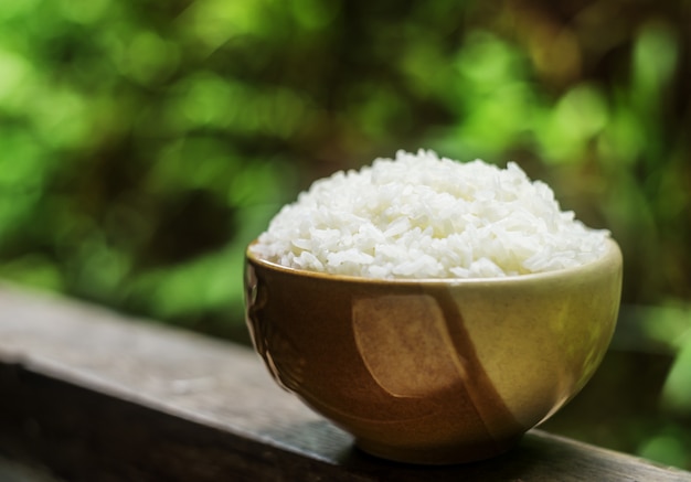 Riz blanc dans un bol brun en bois