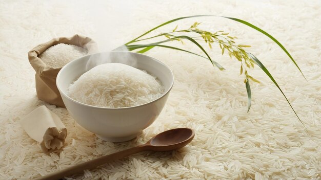 Riz blanc dans un bol et un sac une cuillère en bois et une plante de riz sur un fond de riz blanc