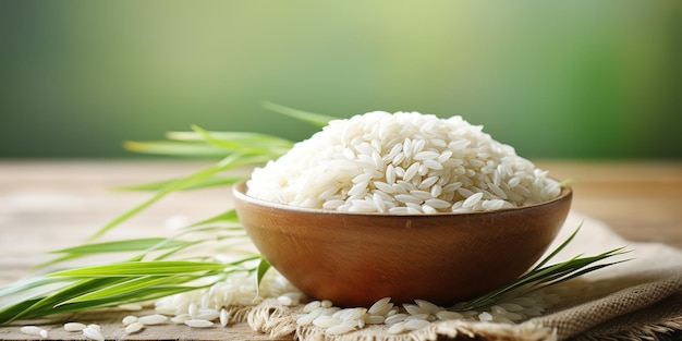 Riz blanc et riz brun dans un bol sur fond de feuilles vertes