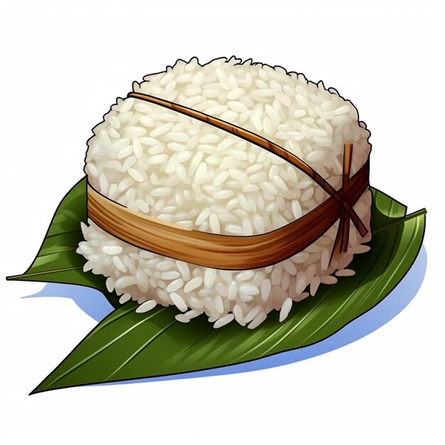 riz avec un bol en bois sur une feuille sur fond blanc ai générative