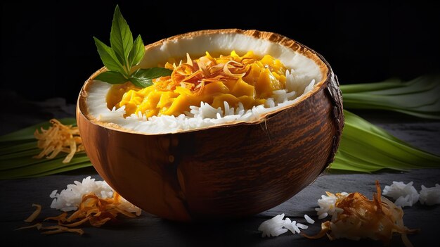 Riz collant à la noix de coco avec de la mangue fraîche servi dans une coquille de noix de coco sur un fond blanc IA générative