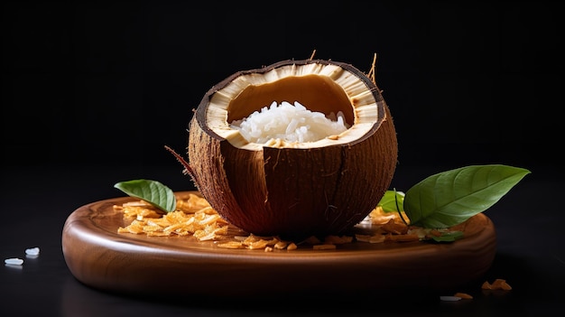 Riz collant à la noix de coco avec de la mangue fraîche servi dans une coquille de noix de coco sur un fond blanc IA générative