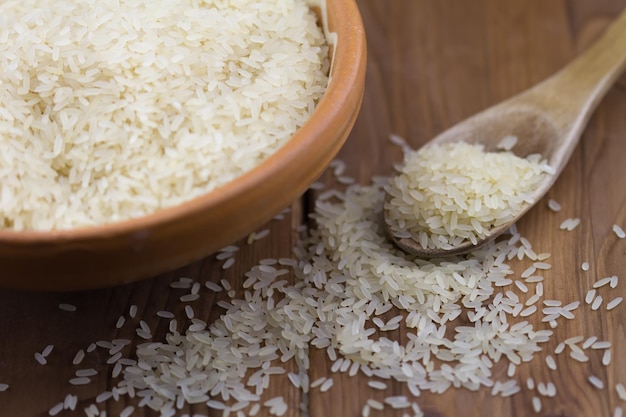 Riz cru dans un bol sur la table