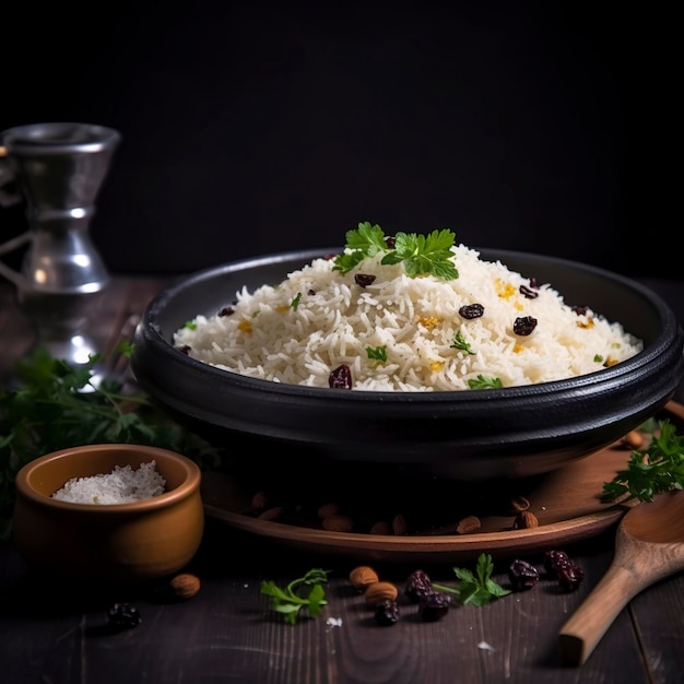 Riz cuit avec des assaisonnements et des raisins secs sur une surface sombre repas repas riz oriental lumière douce générer ai