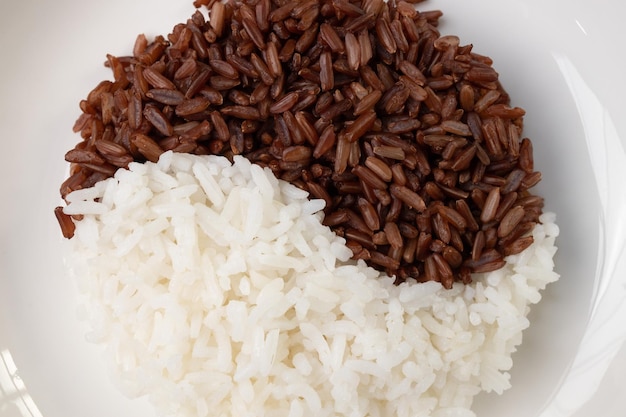 Photo riz cuit blanc et brun disposé en cercles sur une assiette blanche.