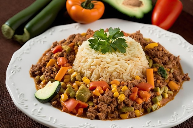 Riz cuit avec du boeuf haché et des légumes mexicains Perspective de premier ordre