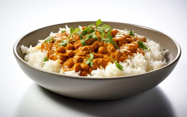 Riz avec curry sur fond blanc AI