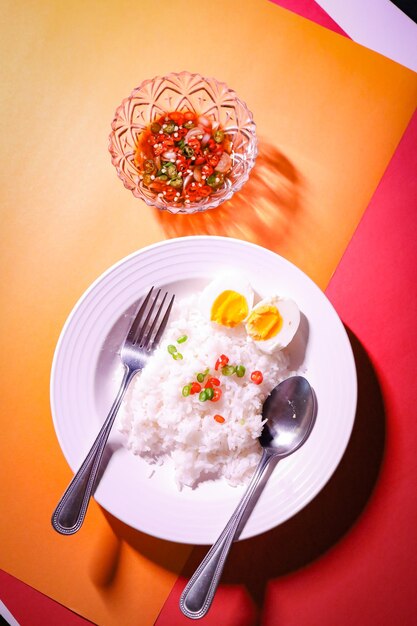 riz dans une assiette sauce de poisson chili œuf à la coque