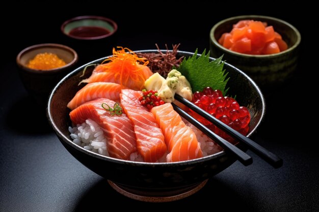 Riz dans une assiette avec des tomates wasabi au poisson rouge et des baguettes chinoises au piment