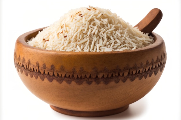 Riz dans un bol en bois de basmati devant un fond blanc