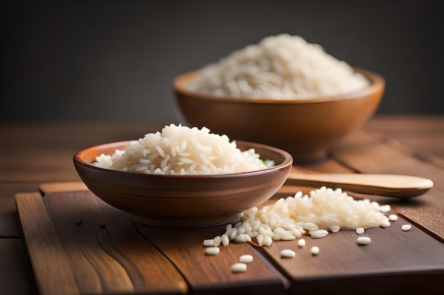 riz dans un bol en bois avec du riz et une cuillère.