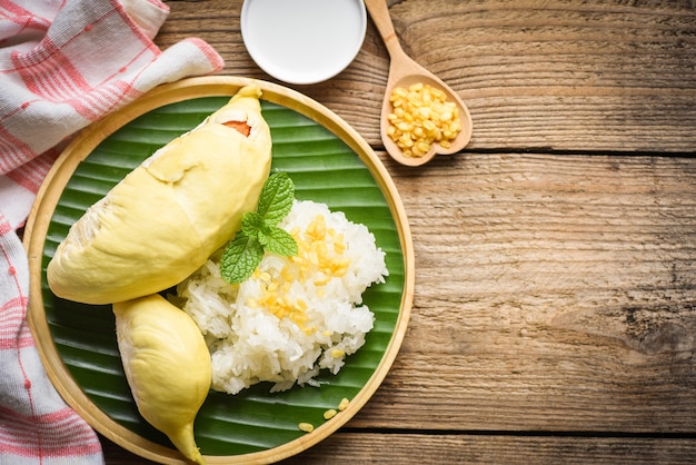 Riz durian mûr cuit avec du lait de coco dessert thaïlandais asiatique écorce de durian sucré tropical fruits d'été