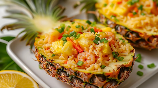 Riz frit à l'ananas servi dans des bols d'ananas avec des crevettes