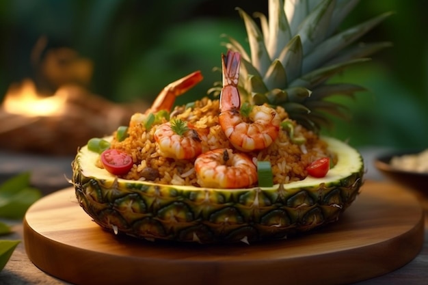 Riz frit aux crevettes à l'ananas sur un plateau de bateau à l'ananas Bateau de Thaïlande